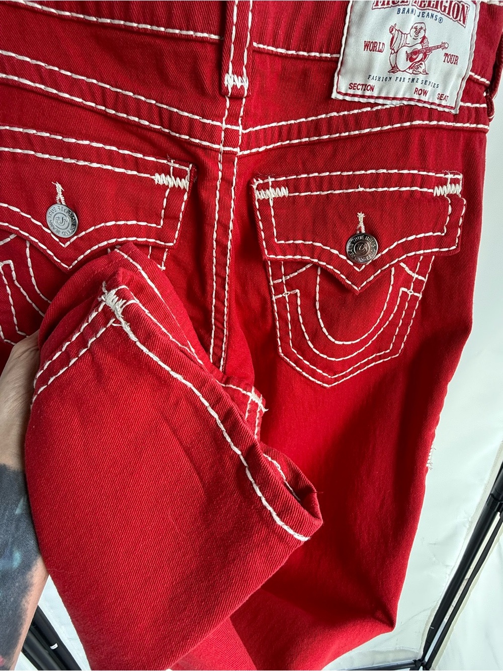 Women’s True Religion Jeans.  Red with White Contrast Stitching